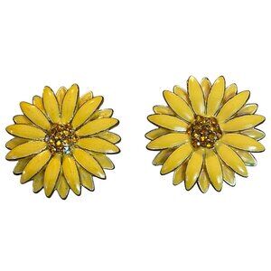 Vintage Yellow Enamel Sunflower Clip-On Earrings With Rhinestones